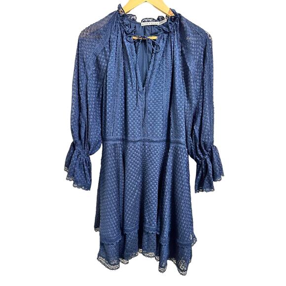 Alice+ Olivia Joanne Tiered Handkerchief Hem Dress Sapphire Blue Lace Trim sz 2 - Picture 2 of 7